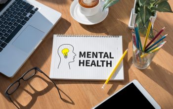 MENTAL HEALTH open book on table and coffee Business